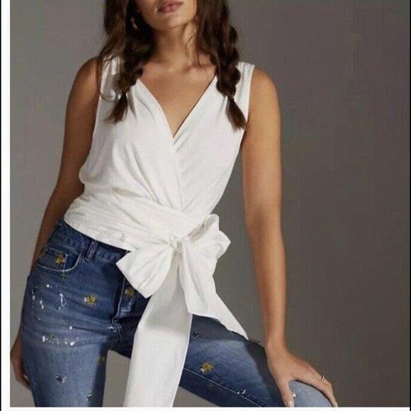 Sunday in Brooklyn x Anthropologie V-Neck White Wrap Top Women's Medium NEW - Picture 2 of 10